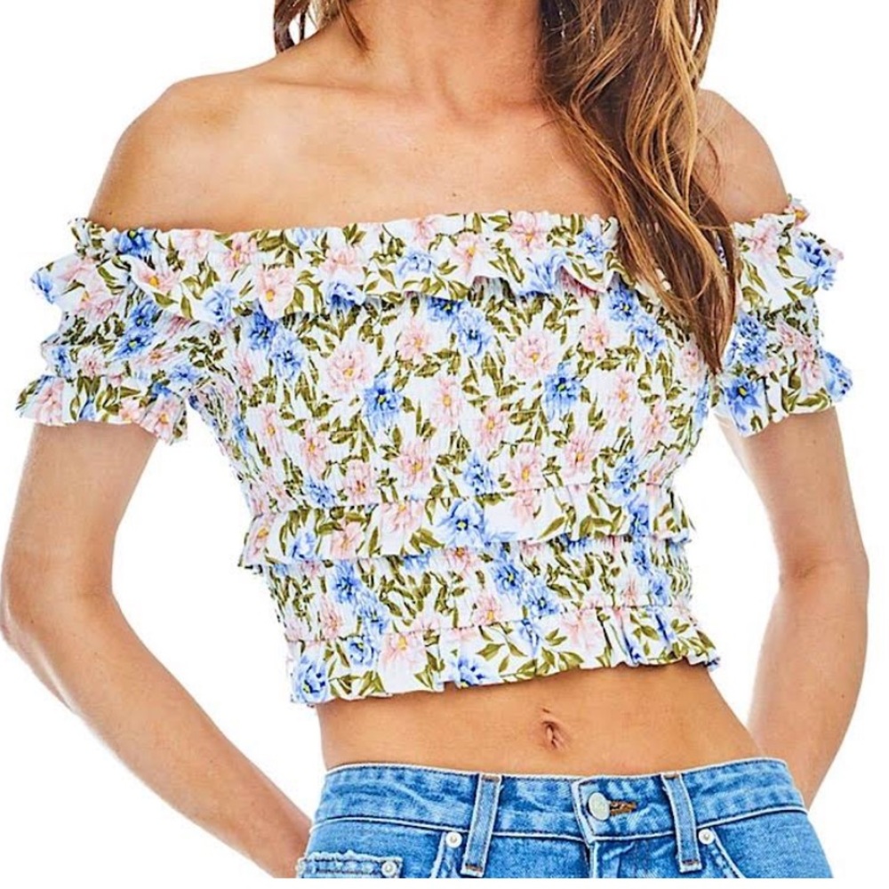 ASTR The Label Tori Off the Shoulder Smocked Crop Top - Picture 2 of 6